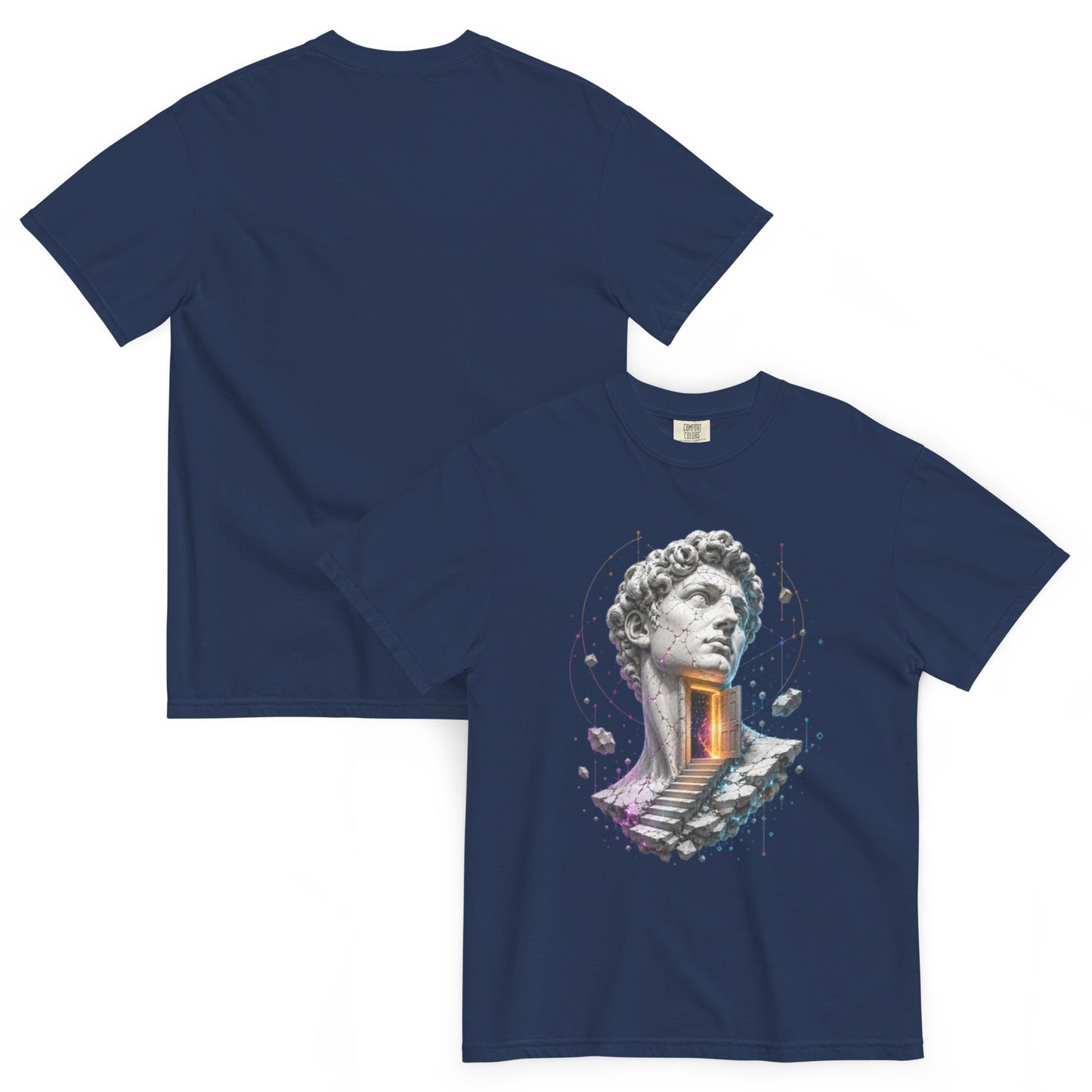 T-shirt LIMEN bleu marine – statue fissurée et portail lumineux Dark Néon