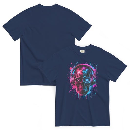 T-shirt MORS bleu marine – crâne avec casque audio rose et bleu néon