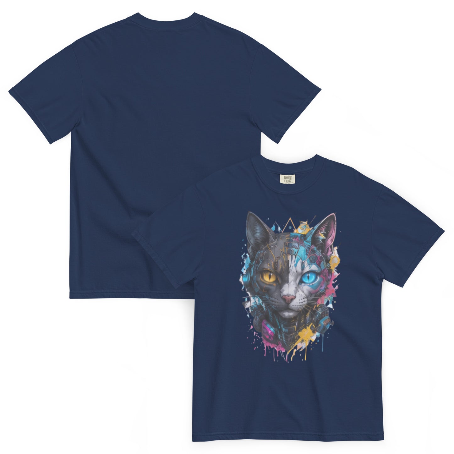 FELIS – T-shirt épais chat futuriste bleu marine – Cyber Créatures
