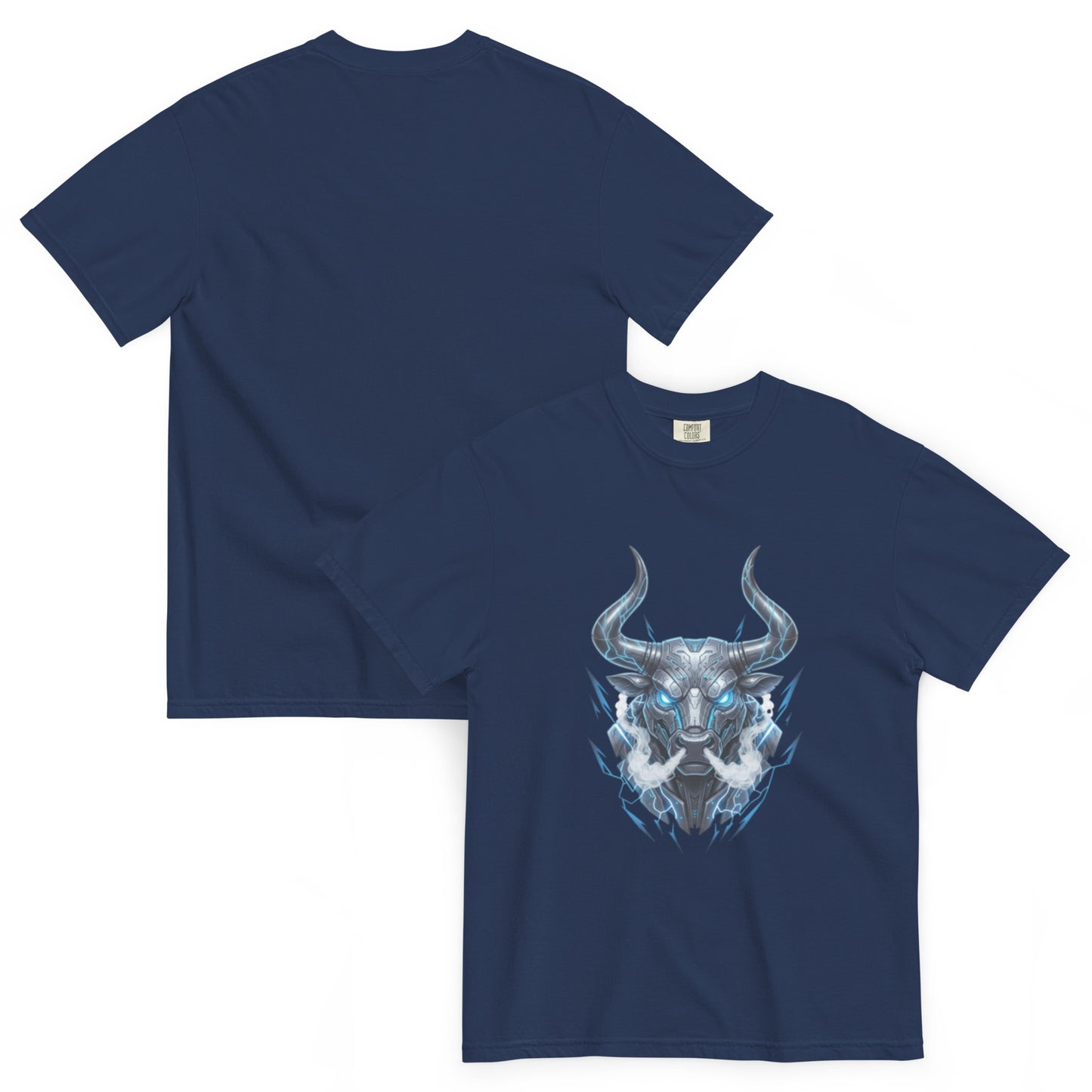 T-shirt TALOS bleu marine – taureau cybernétique futuriste, vue avant et dos