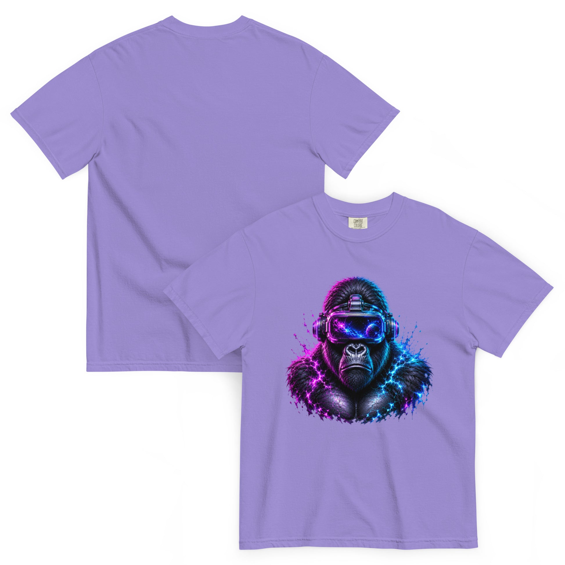 T-shirt APEX lavande – gorille en casque VR et énergie cosmique Dark Néon
