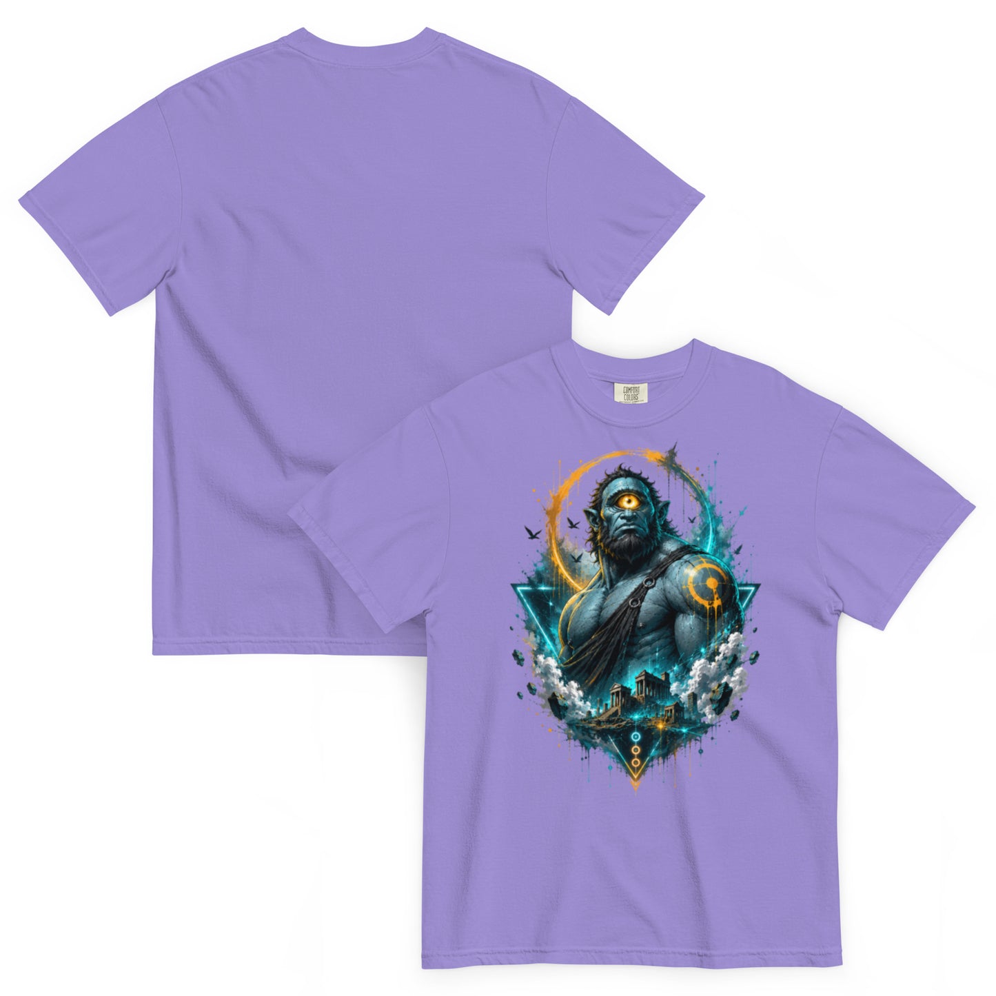 T-shirt ARGÈS lavande – Cyclope géant à l’œil orange, univers Dark Néon