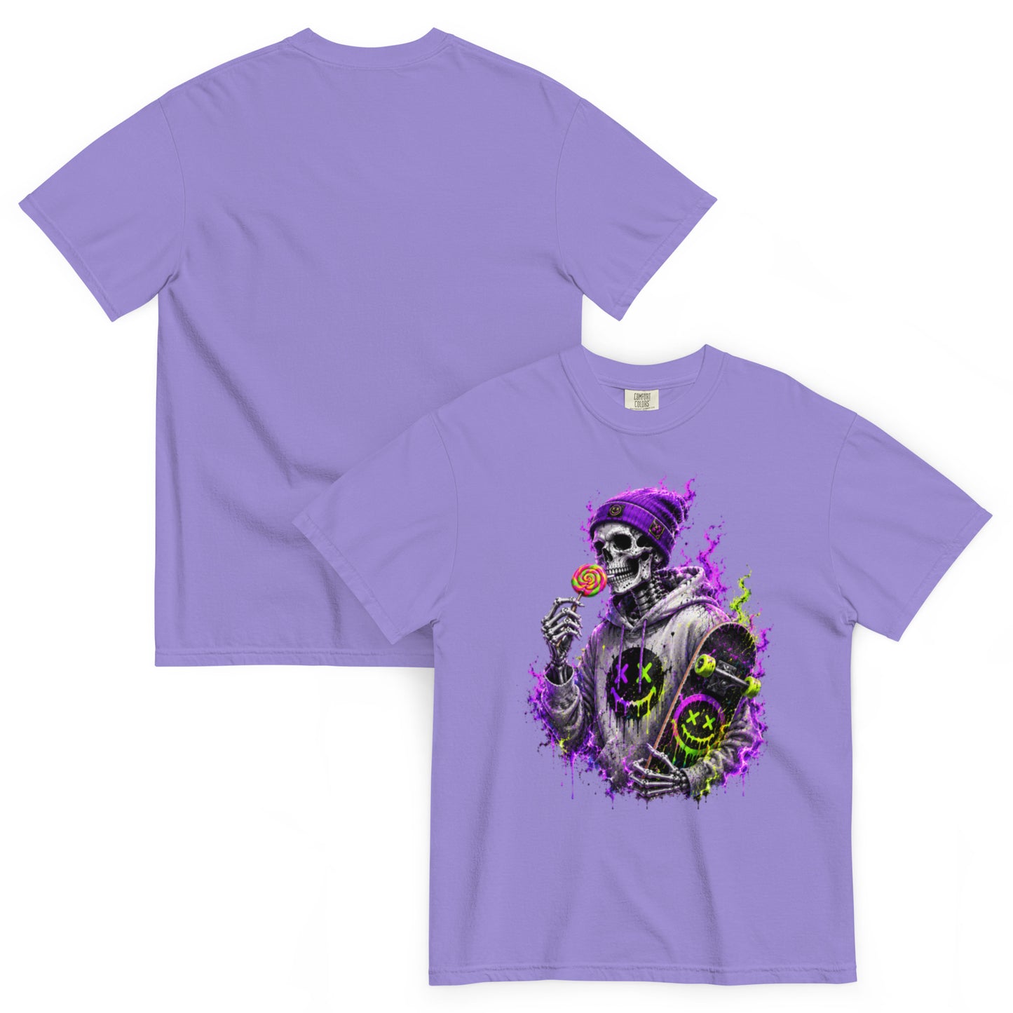 T-shirt BONES lavande – squelette skateur, sucette et skateboard néon