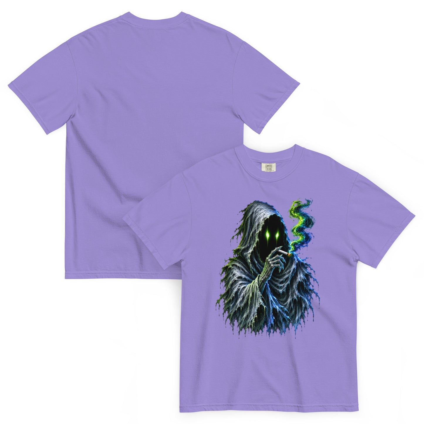 T-shirt WRAITH lavande – spectre encapuchonné aux yeux vert néon