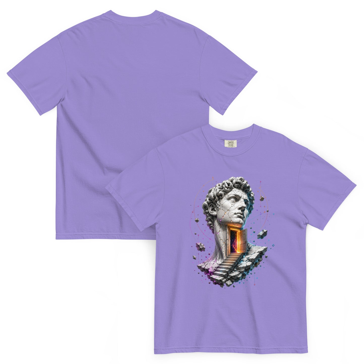 T-shirt LIMEN lavande – statue fissurée et portail lumineux Dark Néon