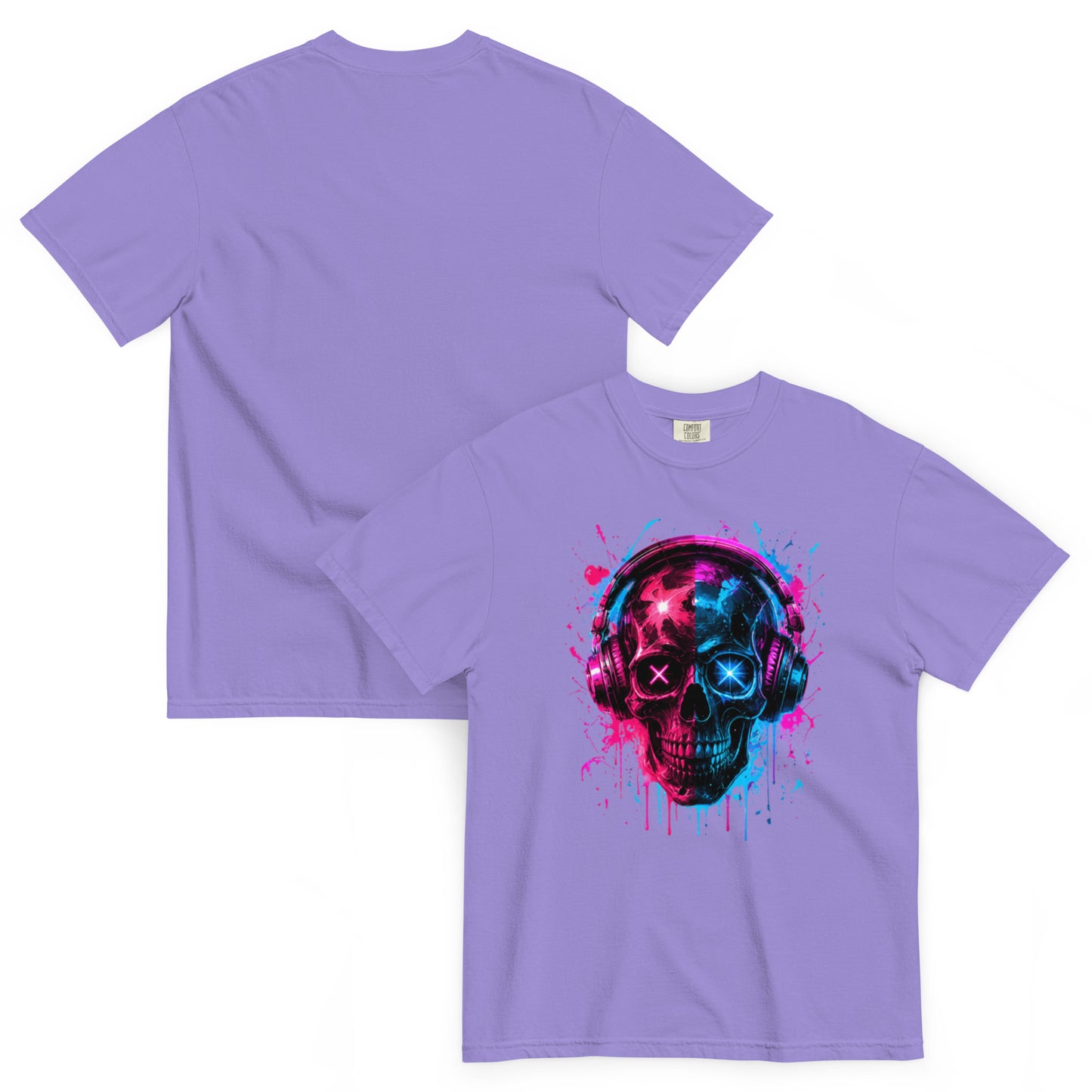 T-shirt MORS lavande – crâne avec casque audio rose et bleu néon