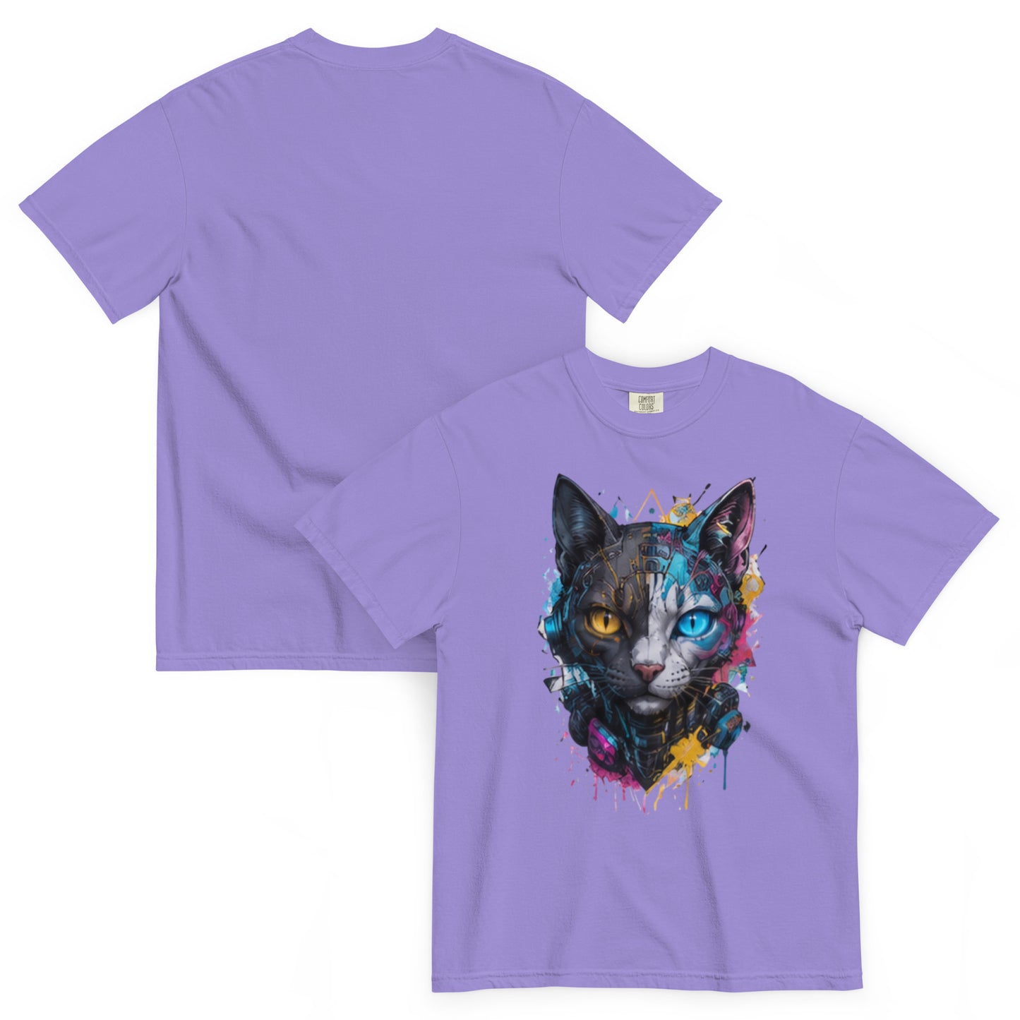 FELIS – T-shirt épais chat futuriste lavande – Cyber Créatures