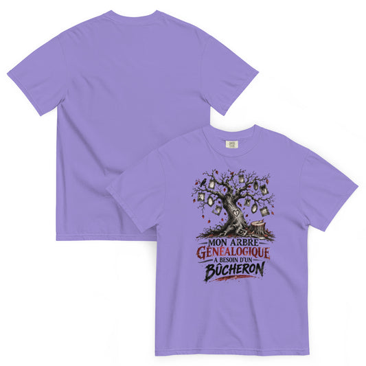 T-shirt humour Mon arbre généalogique a besoin d’un bûcheron avec illustration d’arbre – vue recto verso