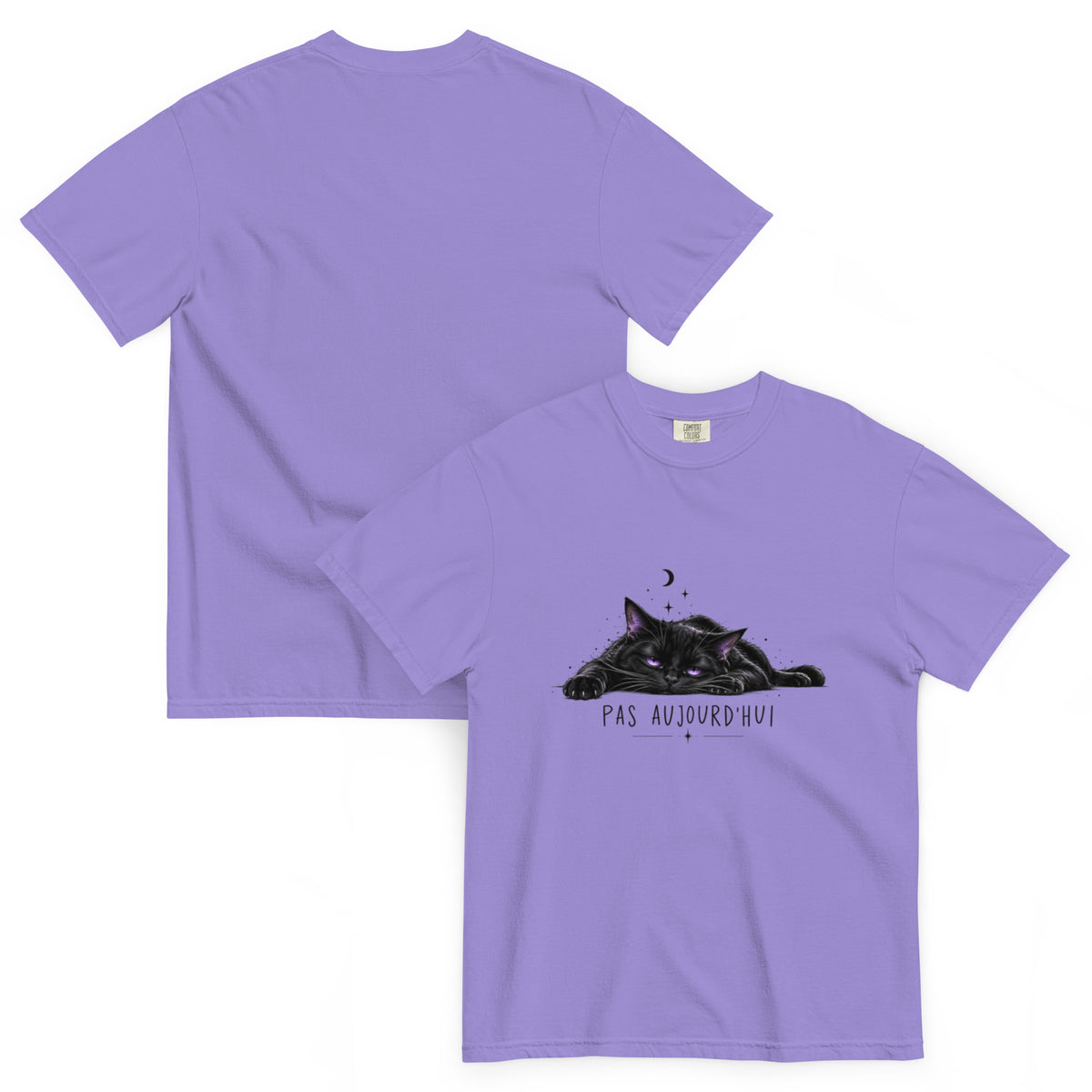 T-shirt humour Pas aujourd’hui avec illustration de chat, lune et étoiles – vue recto verso
