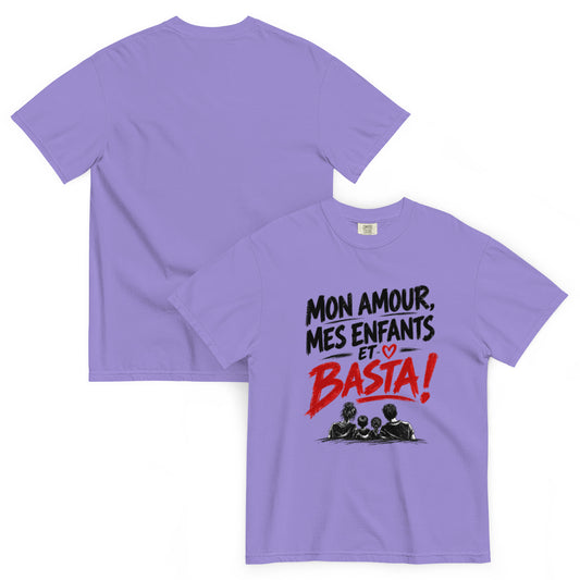 T-shirt humour Mon amour, mes enfants et basta avec illustration de famille – vue recto verso