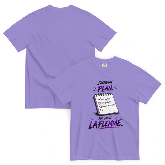 T-shirt humour J’avais un plan puis j’ai eu la flemme avec illustration de carnet – vue recto verso