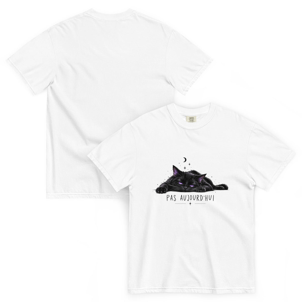 T-shirt humour Pas aujourd’hui avec illustration de chat, lune et étoiles – vue recto verso