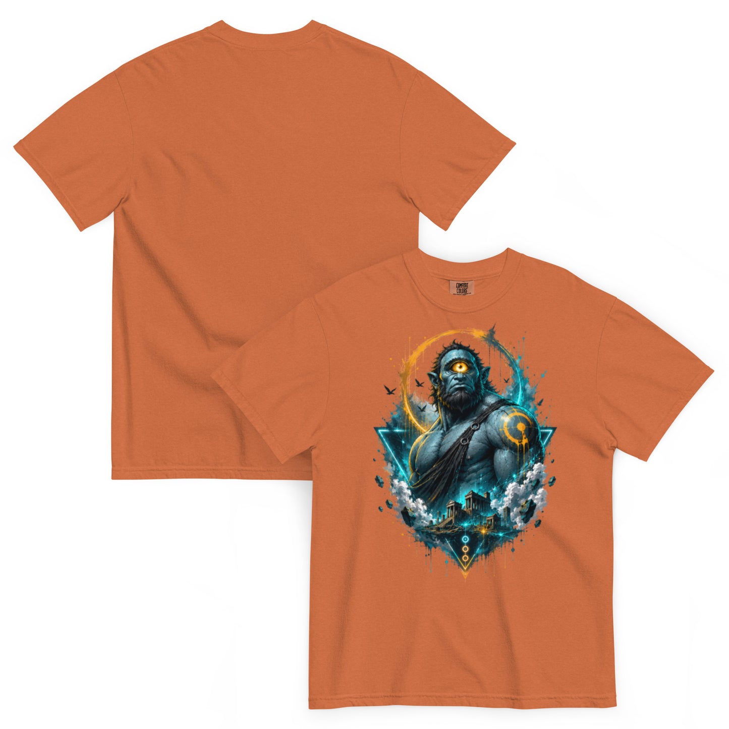 T-shirt ARGÈS terracotta – Cyclope géant à l’œil orange, univers Dark Néon