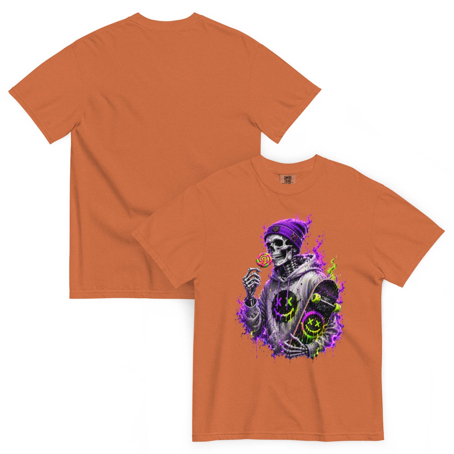 T-shirt BONES terracotta – squelette skateur, sucette et skateboard néon