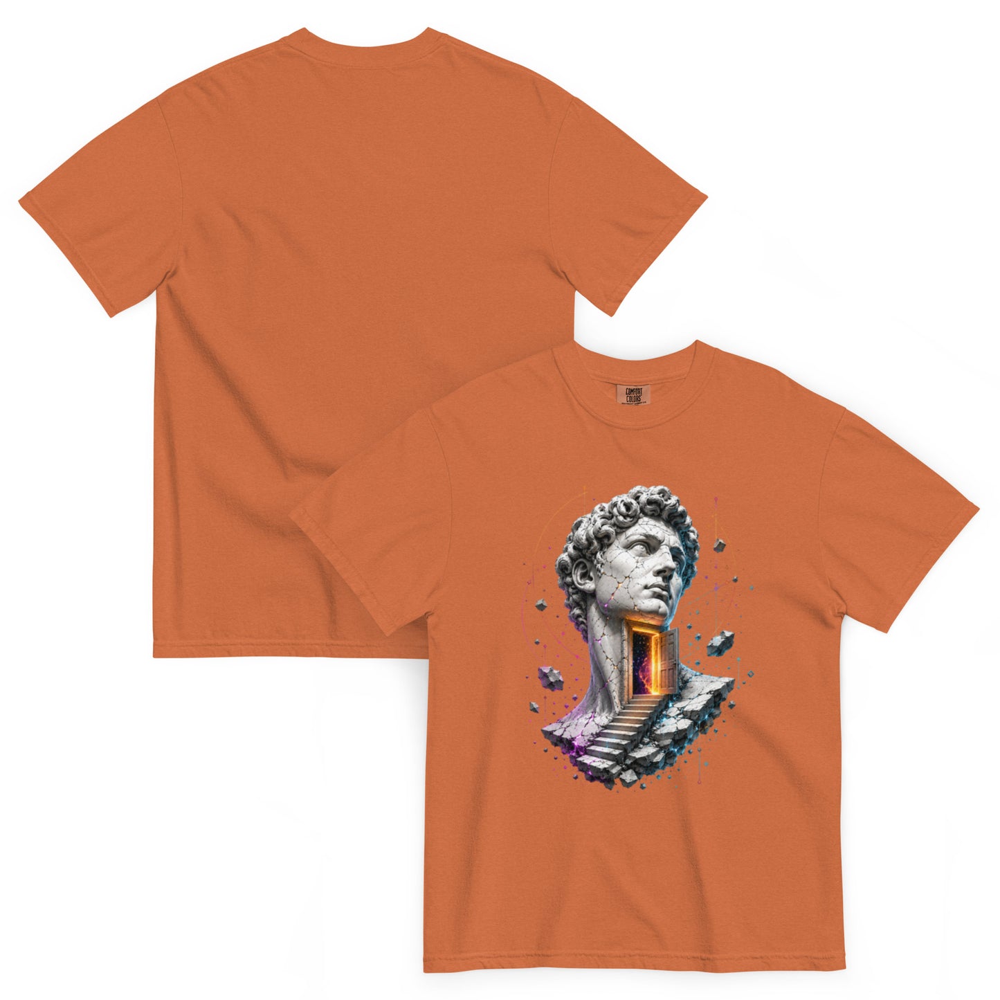 T-shirt LIMEN terracotta – statue fissurée et portail lumineux Dark Néon