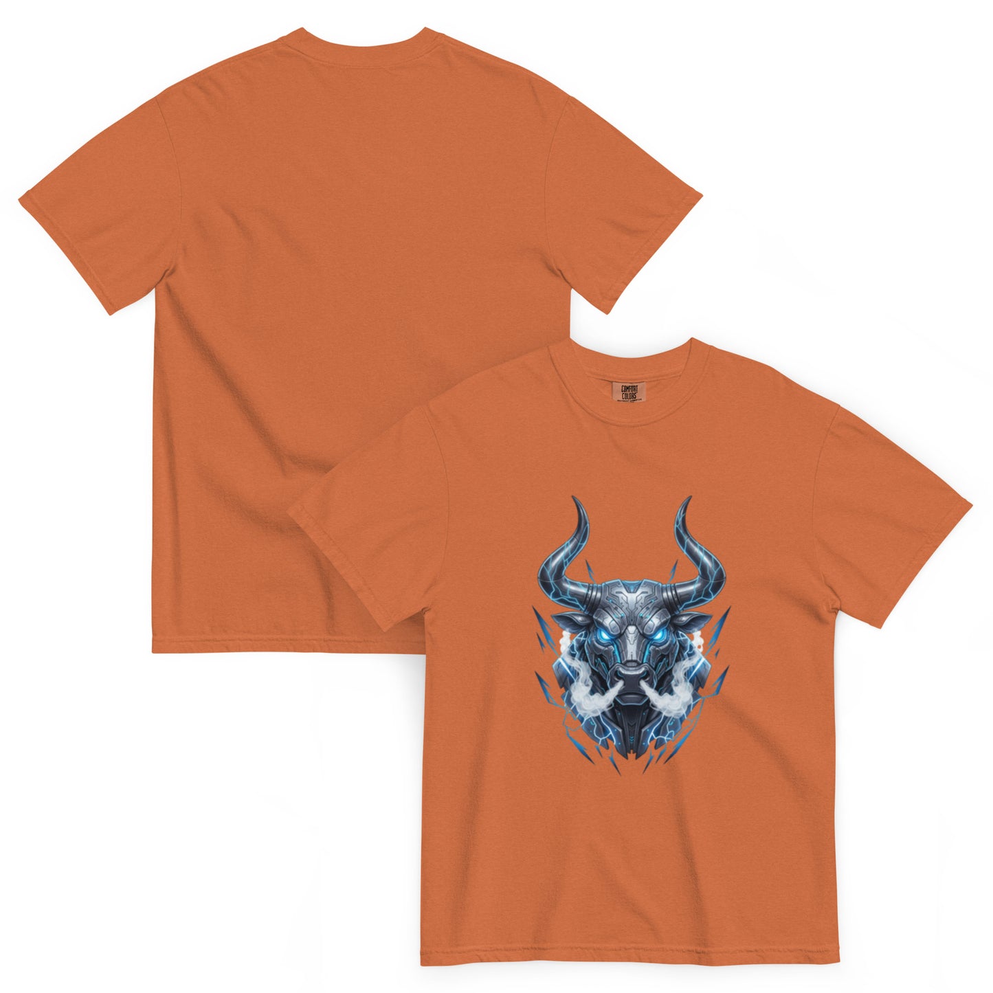 T-shirt TALOS terracotta – taureau cybernétique futuriste, vue avant et dos